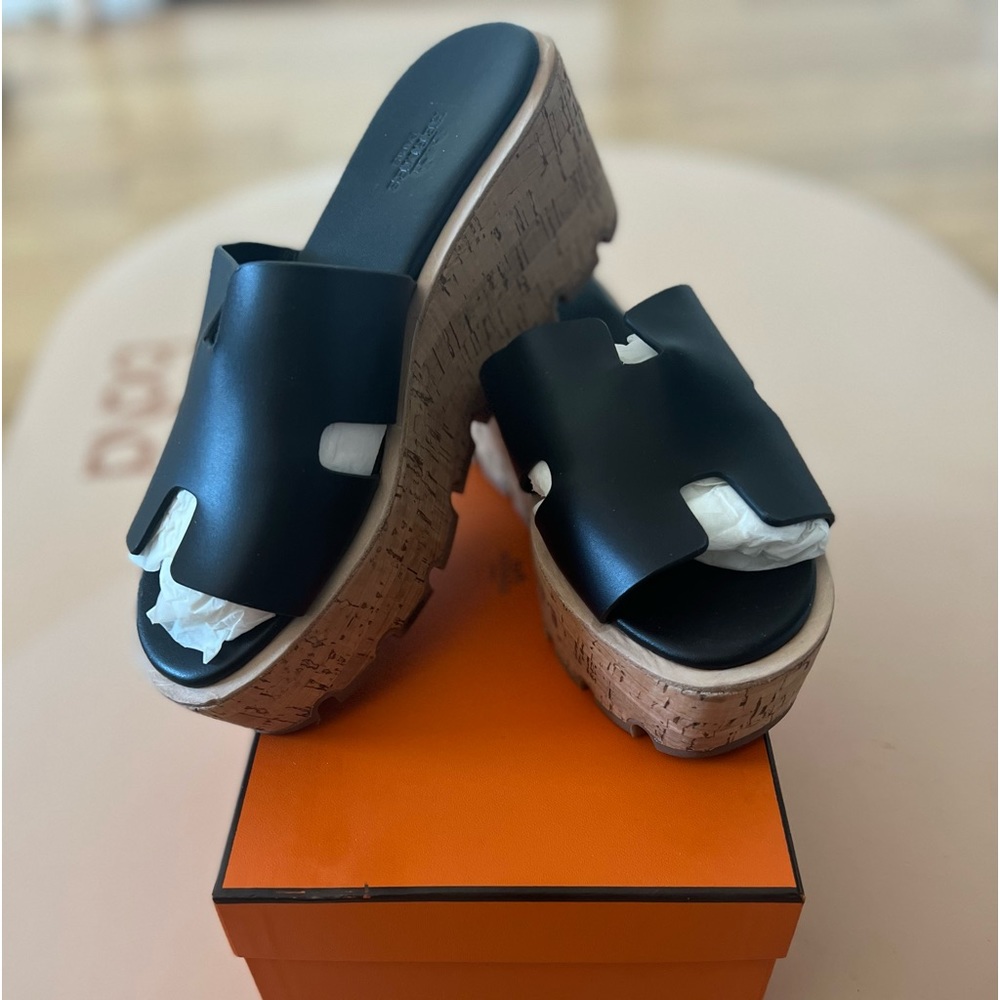 Hermes Eze wedge cork sandal black leather 37